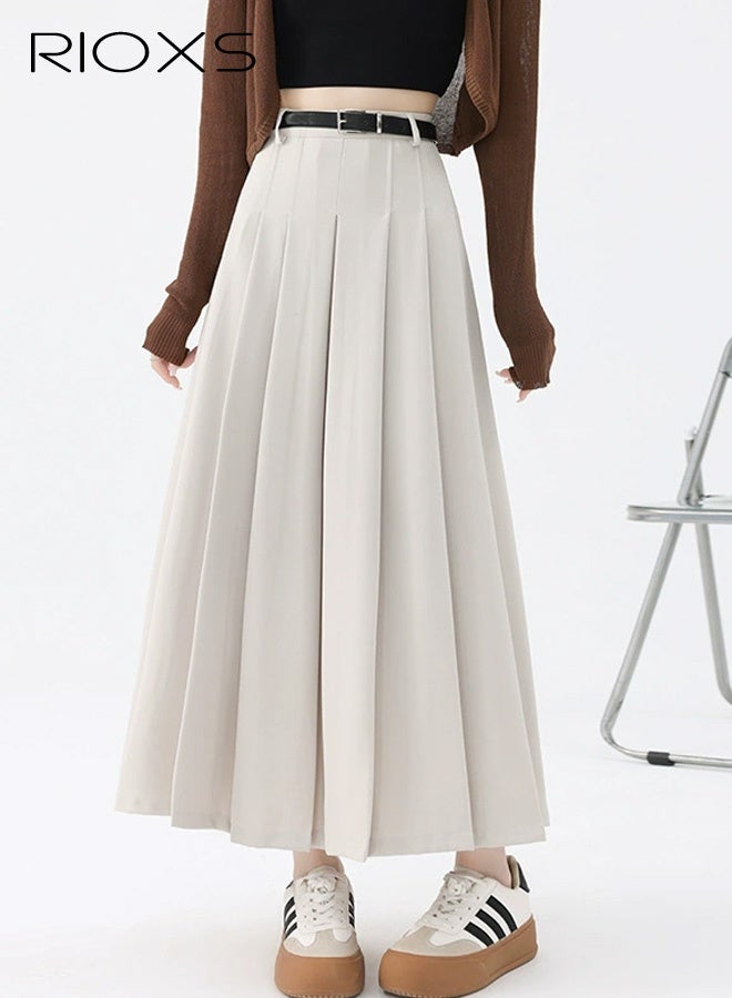 RIOXS Women's Pleated A-line Maxi Skirt, Fall High Waisted Ankle Length Pleated Tennis Skirts with Belt, Casual Long Suit Skirt for Office Business Dating, Apricot - Image 1